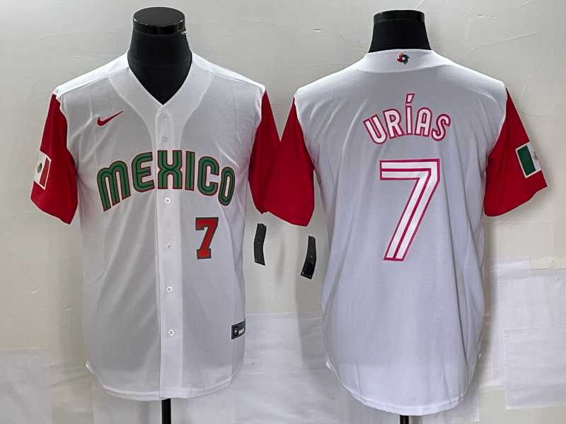Men's Mexico Baseball #7 Julio Urias Number 2023 White Red World Classic Stitched Jersey42